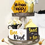 Bee Wooden Sign Tiered Tray Decor Set of 5, Bee Happy Honeycomb 3D Letter Raised Laser Engrave Wood Block Bundle Honey Dippers Spring Summer Farmhouse Bee Home Kitchen Tray Bookshelf Table Decor