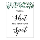 Andaz Press Wedding Party Signs, Natural Greenery Green Leaves, 8.5x11-inch, Take a Shot and Find Your Spot, 1-Pack, Place Card Alternative