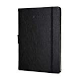 Thick Hardcover Notebook/Journal with A5 120gsm Premium Paper, College Ruled Bound Notebook with Pen Holder, Black Leather, 3 Ribbon Marker, Inner Pocket, 8.4 x 5.7 in