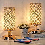USB Crystal Table Lamp Set of 2, Bedside Nightstand Lamps with Crystal Lampshade Elegant Modern Decorative Bedside Glam Light with 2 USB Charging Ports for Living Room, Bedroom, Guest Room, Dorm