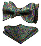 SetSense Men's Paisley Jacquard Wedding Party Self Bow Tie Pocket Square Set,L214 Green / Purple,One Size