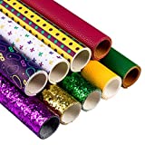 9 PCS Mardi Gras Faux Leather Sheets Printed and Glitter Synthetic Leather Fabric for Making Earrings Hair Bows DIY Crafts, 12 x 8 Inch