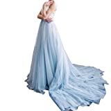 Gricharim Women's Long Tulle Skirt Wedding Skirt with Long Train for Prom Bridal Overskirt Bridesmaid Maxi Ball Gown Blue M