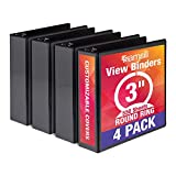 Samsill Economy 3 Ring View Binder, 3 Inch Round Ring – Holds 575 Sheets, PVC-Free / Non-Stick Customizable Cover, Black, 4 Pack