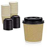 [50 Pack] Disposable Hot Cups with Lids - 4 oz Brown Double Wall Insulated Ripple Sleeves Coffee Cups with Black Dome Lid - Kraft Paper Cup for To Go Chocolate, Tea, and Cocoa Drinks