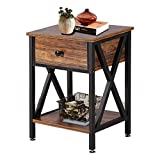 Side End Table Nightstand with Drawer and Shelf Industrial Bedside Storage for Bedroom Living Room, X-Design Easy Assembly Rustic Brown Wood