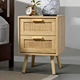 Finnhomy Nightstand, End Table, Side Table with 2 Hand Made Rattan Decorated Drawers, Wood Accent Table with Storage for Bedroom, Natural (Patent Pending)