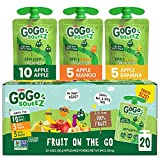 GoGo squeeZ Fruit on the Go Variety Pack, Apple, Mango & Banana, 3.2 oz (Pack of 20), Unsweetened Fruit Snacks for Kids, Gluten Free, Nut Free and Dairy Free, Recloseable Cap, BPA Free Pouches