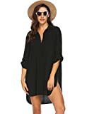 Ekouaer Women’s Beachwear 3/4 Sleeves Swimsuit Cover Up Sexy Beach Shirt Dress Black