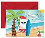 Paper Frenzy Surfing Santa Tropical Beach Christmas Holiday Thank You Note Cards with Red Envelopes - 25 pack