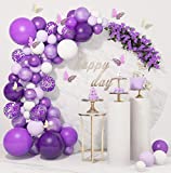 124Pcs Purple Balloons Garland Arch Kit White Purple Confetti Latex Metallic Balloons with Paper Butterfly for Baby Shower Wedding Engagement Purple Butterfly Birthday Party Decorations Supplies