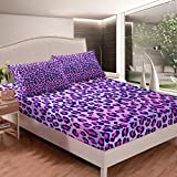 Leopard Print Fitted Sheet Purple Cheetah Print Bedding Set Wild Animal Theme Bed Sheet Set for Girls Children Teens Bedroom Decor Stripe Bed Cover Full Size with 2 Pillow Case