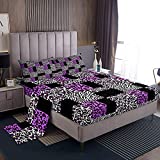 Purple Leopard Print Bed Sheets Patchwork Cheetah Print Bed Sheet Set Twin Black White Zebra Stripes Bedding Sheets For Girls Women Kids,Soft Breathable Fitted Sheet + Flat Sheet + 1 Pillow Case
