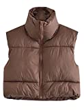 Uaneo Womens Zip Up Stand Collar Sleeveless Padded Cropped Puffer Vest (Brown-L)
