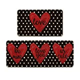 Artoid Mode Polka Dot Heart Be Mine Love You UR Cute Kitchen Mats Set of 2, Seasonal Valentine's Day Anniversary Wedding Holiday Low-Profile Floor Mat for Home Kitchen - 17x29 and 17x47 Inch