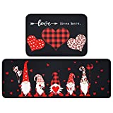 Xsinufn Valentines Day Kitchen Rugs Set of 2,Valentines Anniversary Wedding Holiday Gnomes Buffalo Plaid Hearts Decorative Low-Profile Mats for Home Kitchen,Love Lives Here(17.7x47.2+17.7x23.6 Black )