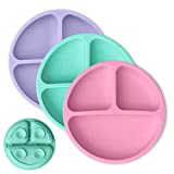 Hippypotamus Toddler Plates with Suction - Baby Plates - 100% Food-Grade Silicone Divided Plates - BPA Free - Dishwasher Safe - Set of 3 (Pink/Mint/Lavender)