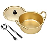 AHIER Ramen Pot, Korean Ramen Cooking Pot With Lid Spoon and Chopsticks (1pair), Korean Ramen Noodle Pot Fast Heating For Kitchen Cookware (Double handle) (6.3in)