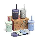 Elk and Friends Stainless Steel Cups | Mason Jar 10oz | Kids & Toddler Cups with Silicone Sleeves & Silicone Straws with Stopper | Spill proof cups for Kids, Smoothie Cups