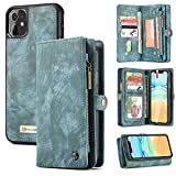 iPhone 11 Wallet Case,Zttopo 2 in 1 Leather Zipper Detachable Magnetic 11 Card Slots Card Slots Money Pocket Clutch Cover with Screen Protector for 6.1 Inch iPhone 11 (Blue-Green)