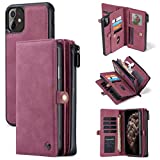 iPhone 11 Pro Max Wallet Case, Vintage Durable PU Leather 2-in-1 Detachable Magnetic Zipper Phone Case for iPhone 11 Pro Max (6.5") with 15-Card Slots Holder Cluth Purse Case for Women/Men, Red