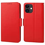 ONETOP for iPhone 11 Genuine Leather Wallet Case Wireless Charging Compatible, RFID Blocking Card Holder with Kickstand, Simple Magnetic Clasp Folio Cover with Wrist Strap 6.1 Inch (Red)