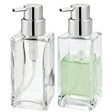 mDesign Square Glass Refillable Liquid Soap Dispenser Pump Bottle for Bathroom Vanity Countertop, Kitchen Sink - Holds Hand Soap, Dish Soap, Hand Sanitizer, Essential Oils - 2 Pack - Clear/Chrome