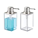 mDesign Modern Square Plastic Refillable Soap Dispenser Pump Bottle for Bathroom Vanity Countertop, Kitchen Sink - Holds Hand Soap, Dish Soap, Hand Sanitizer, Essential Oils - 2 Pack - Clear/Brushed