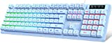 NPET K10 Gaming Keyboard USB Wired Floating Keyboard, Quiet Ergonomic Water-Resistant Mechanical Feeling Keyboard, Ultra-Slim Rainbow LED Backlit Keyboard for Desktop, Computer, PC, Blue