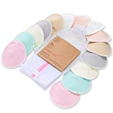 Organic Bamboo Nursing Breast Pads - 14 Washable Pads + Wash Bag - Breastfeeding Nipple Pad for Maternity - Reusable Breast Pads for Breastfeeding (Pastel Touch, Large 4.8")