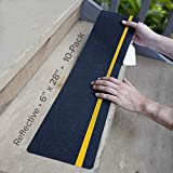 LifeGrip Anti Slip Traction Treads with Reflective Stripe (10-Pack), 6" X 28", Best Grip Tape Grit Non Slip, Outdoor Non Skid Tape, High Traction Friction Abrasive Adhesive for Stairs Step, Black