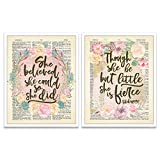 Though She Be But Little She is Fierce - She Believed She Could So She Did Art Prints, Set of 2, Vintage Highlighted Dictionary Page Floral Wall Art Decor Poster Sign, All Sizes
