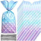 100 Pieces Mermaid Party Candy Bags Wide Bottom Plastic Cellophane Goodie Favor Bags Fish Tail Treat Bags with 100 Pieces Silver Twist Ties for Mermaid Birthday Baby Shower Party Supplies