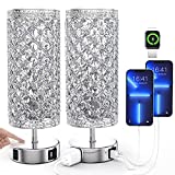 Touch Control Crystal Table Lamp with USB A+C Charging Ports & AC Outlet Bedside Lamps 3-Way Dimmable Modern Silver Nightstand Lamp Desk Lamp for Bedroom Living Room Set of 2(LED Light Bulb Included)