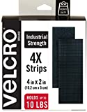 VELCRO Brand Heavy Duty Fasteners | 4x2 Inch Strips 4 Sets | Holds 10 lbs | Stick-On Adhesive Backed | Black Industrial Strength | For Indoor or Outdoor Use, 90209