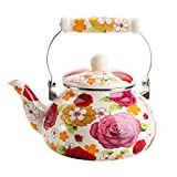 Jucoan Vintage Enamel Tea Kettle, 2.6 Quart Floral Enamel on Steel Water Kettle Teapot with Porcelain Handle for Stovetop, No Whistle