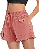 FASKUNOIE Women's Casual Shorts Ruffle Hem Flowy Comfy Elastic Beach Shorts with Pockets Pink