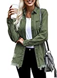 Dokotoo Women's Denim Jean Jacket Oversize Vintage Denim Jacket Long Sleeve Boyfriend Mid Long Denim Jacket Coat Classic Distressed Fray Hem Tassels Denim Trucker Jackets,US 4-6(S),Green