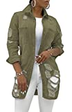 SeNight Ripped Jean Jacket Women Army Green Sexy Long Sleeve Classic Denim Jacket Elegant Jean Jacket Coat With Pocket