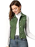 Allegra K Women's Buttoned Washed Denim Vest Jacket W Chest Flap Pockets Medium Olive Green