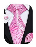Barry.Wang Paisley Tie Fashion Set Hanky Cufflinks Neckties for Men Woven Silk Pink