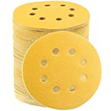 DRLIFE 5 Inch Gold Sanding Disc, 150 Grit 8 Hole Sandpaper Hook and Loop Sanding Discs Round Obital Sandpaper for Wood-100 Pack