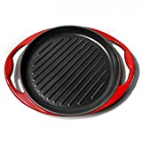 10 Inch Round Enameled Heavy Duty Cast Iron Grill Pan, Double Handles, Induction Compatible, Non-Stick, Scarlet Red.