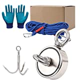 Horsmile 1000 LB Double Sided Magnet Fishing Kit, 3" Magnet Fishing Kit with Grappling Hook, Heavy Duty 65FT Rope, Gloves & Locking Carabiner for Rivers, Oceans Magnetic Recovery Salvage Fishing