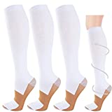 3 Pairs Copper Compression Socks for Men & Women 20-30 mmHg Graduated Compression Stockings for Sports Running Nurses Flight Travel Pregnancy(White,L/XL)