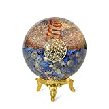 Orgonite Crystal Lapis Lazuli Ball with Holder – Third Eye Chakra Crystal with Flower of Life Enhances Decision Making and Promotes Friendship, Honesty, Compassion and Integrity