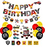 PRATYUS Race Car Birthday Decorations for Kids Boys Let's go Racing Party Supplies With Banner, Welcome Hanger, Car Party Signs, Cake Topper and Checkered Balloons