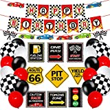 Race Car Birthday Party Decoration Set Race Car Party Signs Racing Birthday Banner Checkered Flags Balloons for Boys Let's go Racing Party Supplies