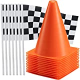 Traffic Cones and Racing Checkered Flags - (24 Pcs) 12 - Black and White Flags on Sticks and 12 – 7-Inch Mini Orange Sports Safety Cones for Kids - Race Car Theme Birthday Party Supplies