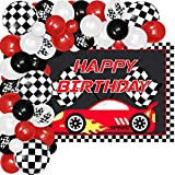 Vansolinne Race Car Backdrop Banner & Balloon Garland Kit 83 Pieces Checkered Flags Photography Backdrop for Sports Theme Party Supplies Two Fast Birthday Checkered Flags Party Decor